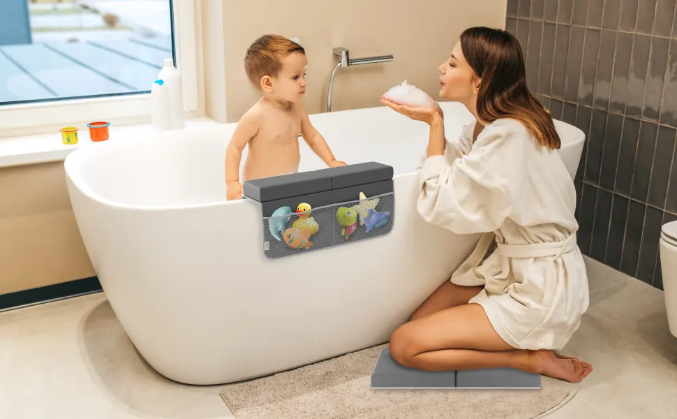 FluffyTub bath kneeler in a family bathroom